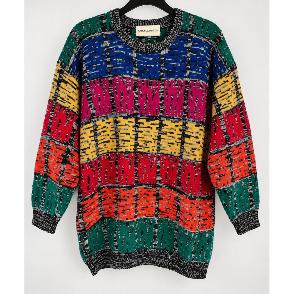 Tomboy Clothing Co Vintage 80s 90s Wool Blend Abstract Knit Sweater L Colorful